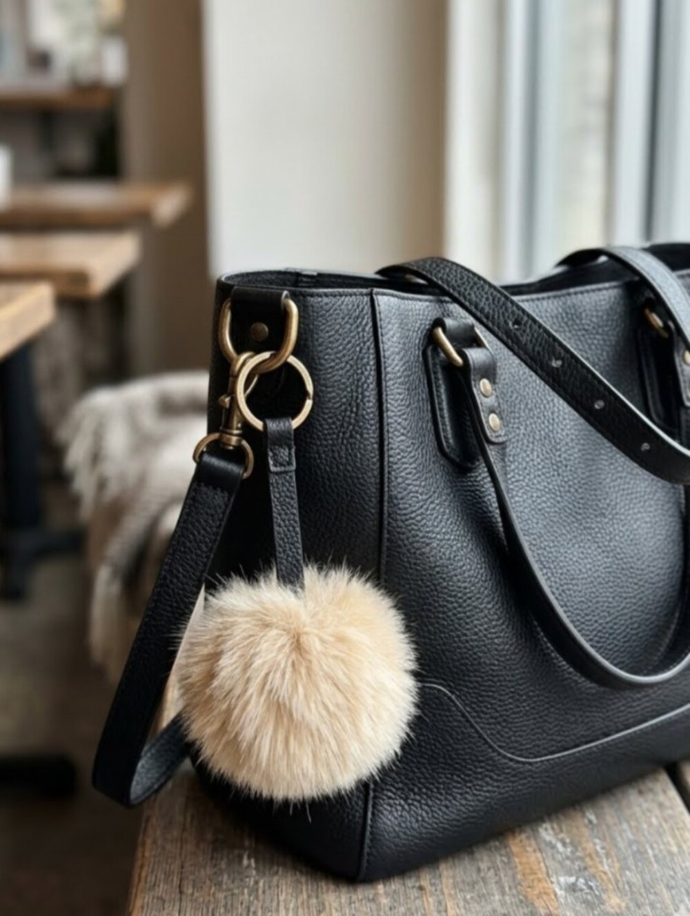 Beige Faux Fur Pom Keychain Bag Charm with Black Faux Leather Strap